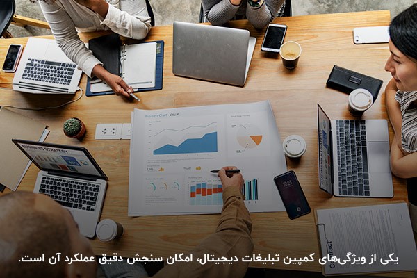 جلسه تیمی برای بررسی نمودارهای عملکرد در کمپین دیجیتال مارکتینگ
