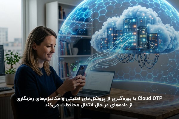 تصویر یک خانم که در حال دریافت کد اهراز هویت به کمک Cloud OTP است و نشان می‌دهد که اطلاعات او در امنیت است