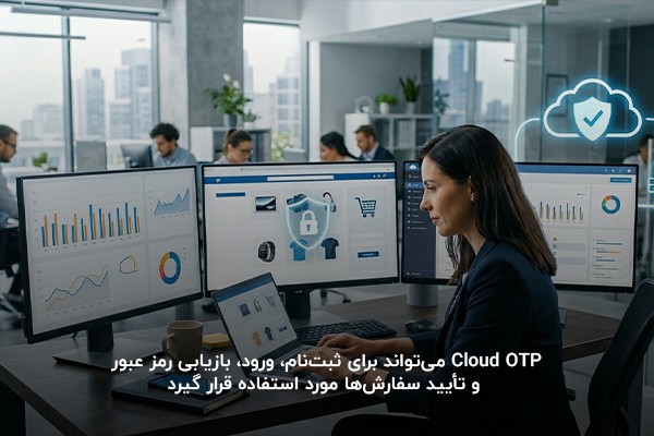 تصویر  یک خانم در حال استفاده از  Cloud OTP در یک شرکت که نشان دهنده کاربرد Cloud OTP است
