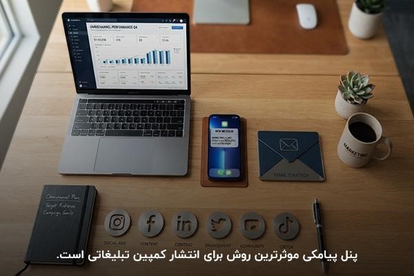 لپتاپ و موبایل روشن روی میز چوبی در کنار فنجان چای و آیکون‌های انواع شبکه‌های اجتماعی در پایین صفحه